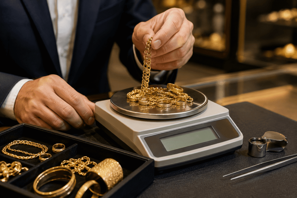 Expert pesant des bijoux en or avant estimation.